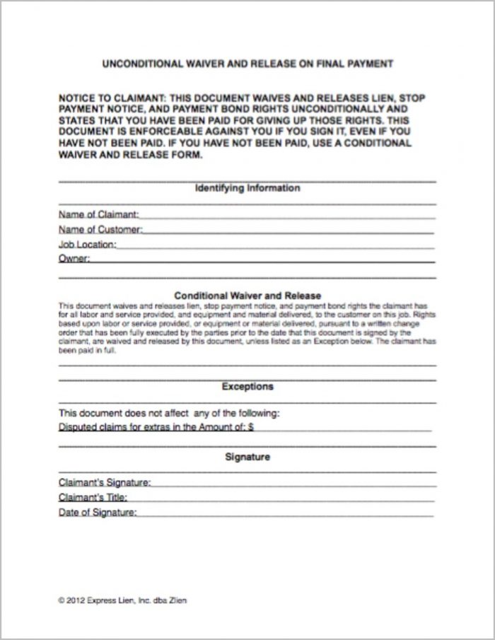 Texas Construction Lien Waiver Form Texas Construction Lien Waiver Form