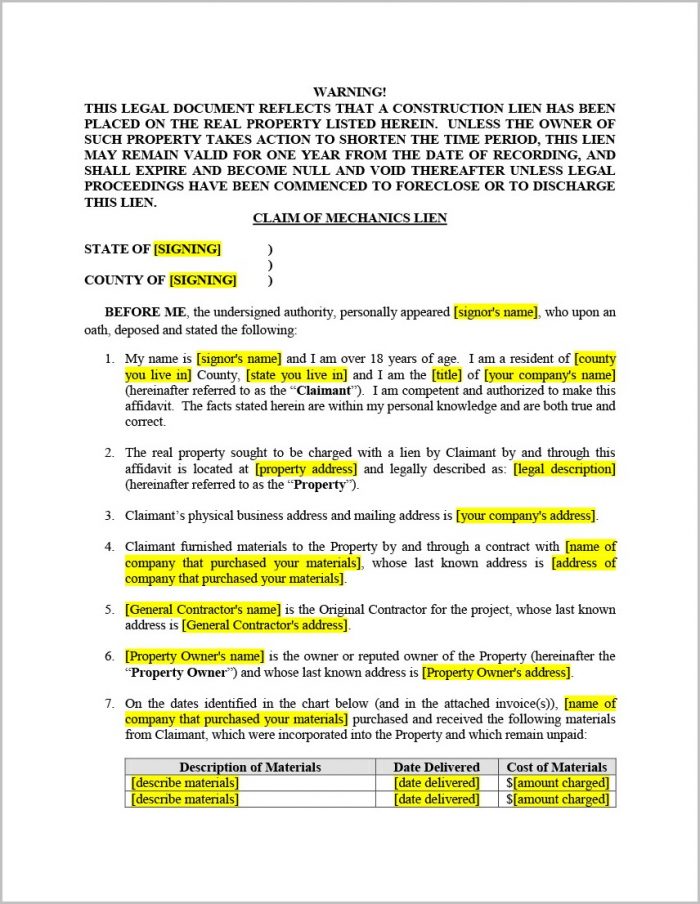 Texas Mechanic's Lien Affidavit Texas Mechanic's Lien Affidavit