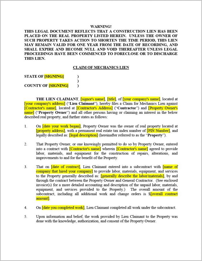 Texas Mechanics Lien Form Texas Mechanics Lien Form