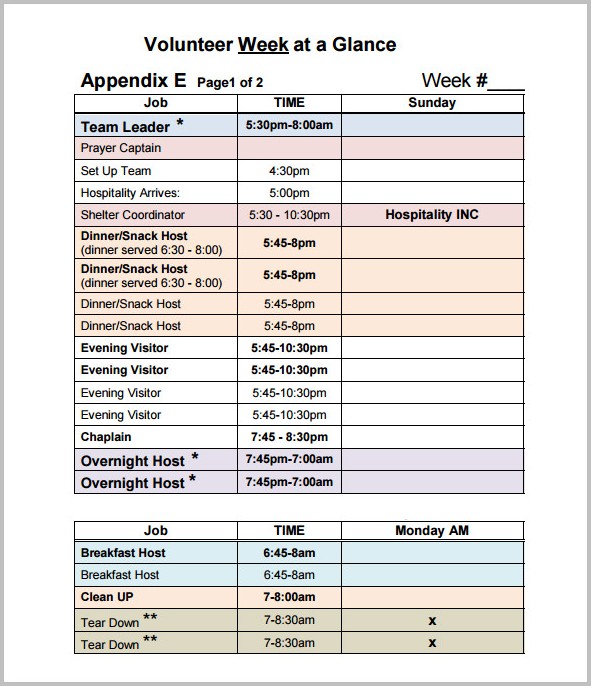 Volunteer Work Schedule Template Volunteer Work Schedule Template