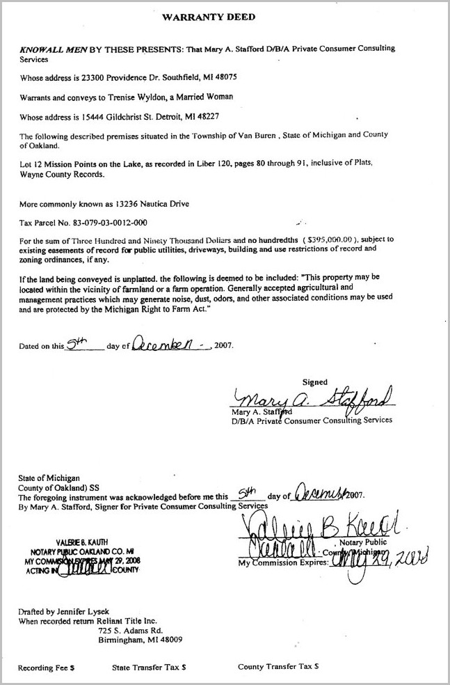 Warranty Deed Form Wayne County Michigan Warranty Deed Form Wayne County Michigan