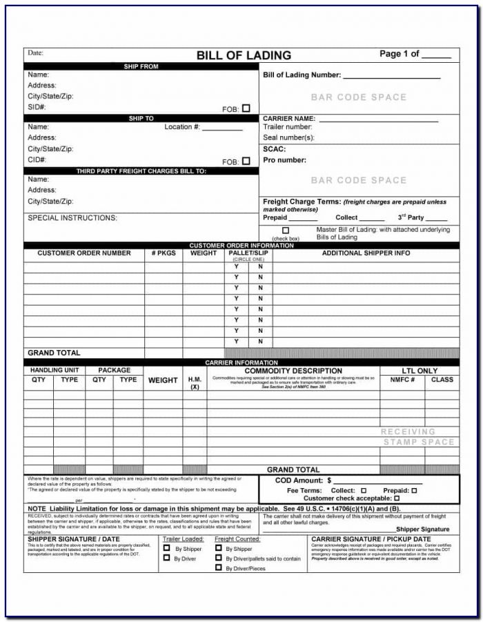 Bill Of Lading Blank Template Bill Of Lading Blank Template