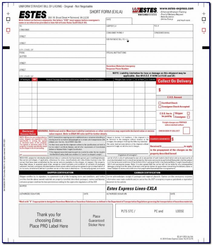 Bill Of Lading Form Estes Bill Of Lading Form Estes