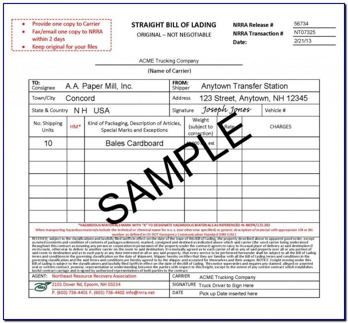 Bill Of Lading Form Example Bill Of Lading Form Example