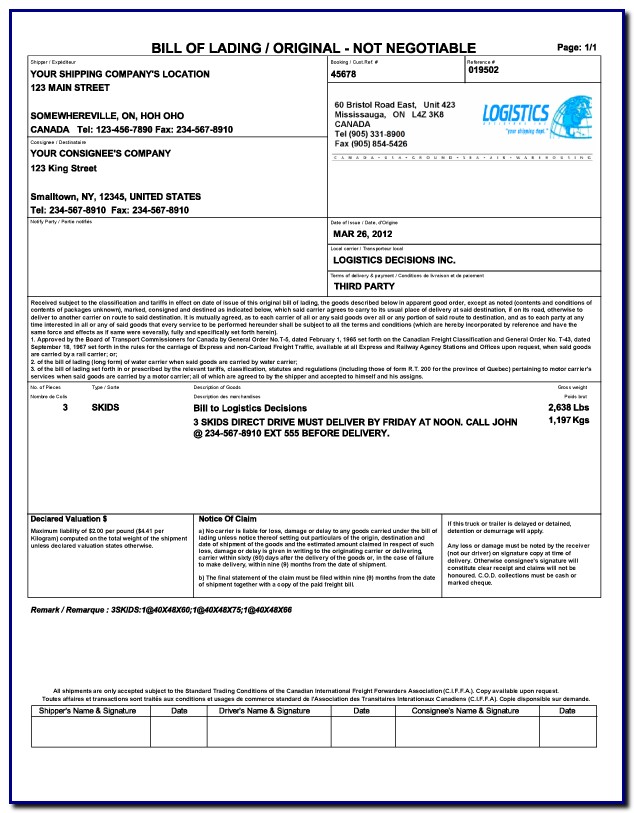 Bill Of Lading Form Free Download Bill Of Lading Form Free Download