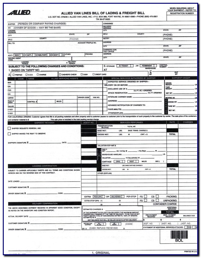 Bill Of Lading Form Moving Company Bill Of Lading Form Moving Company