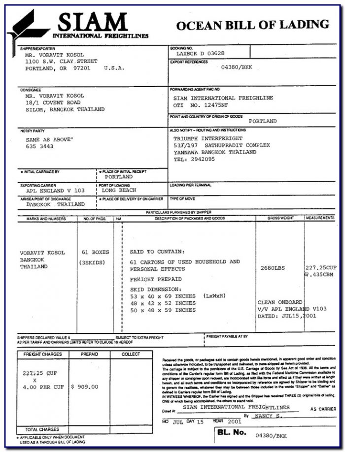 Bill Of Lading Negotiable Form Bill Of Lading Negotiable Form