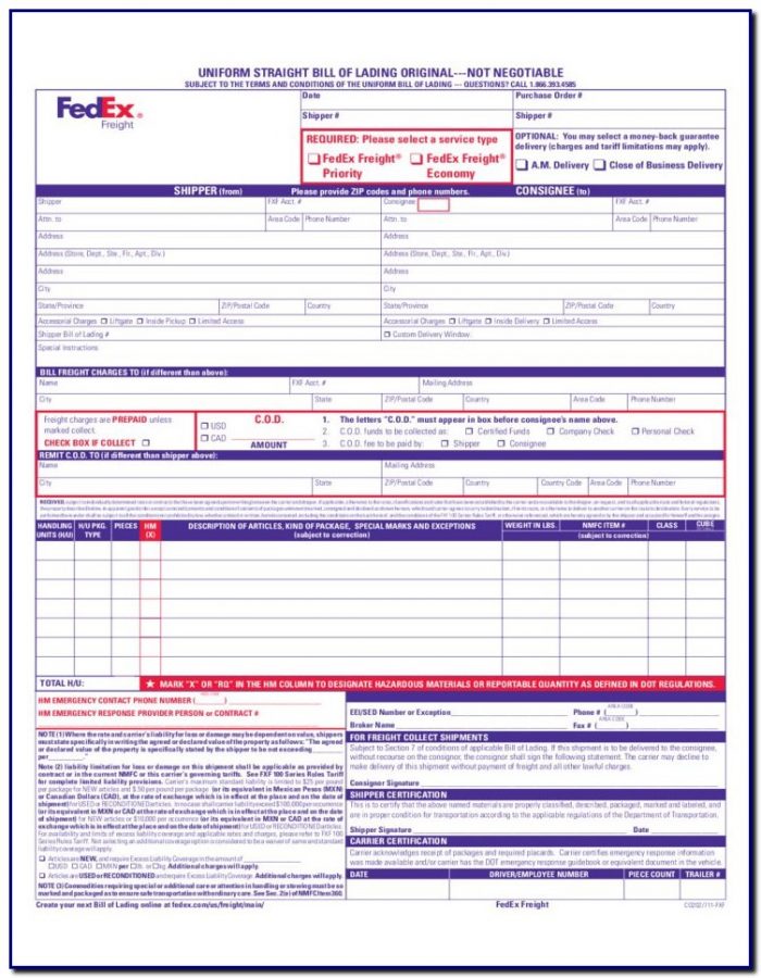 Bill Of Lading Template Fedex Bill Of Lading Template Fedex