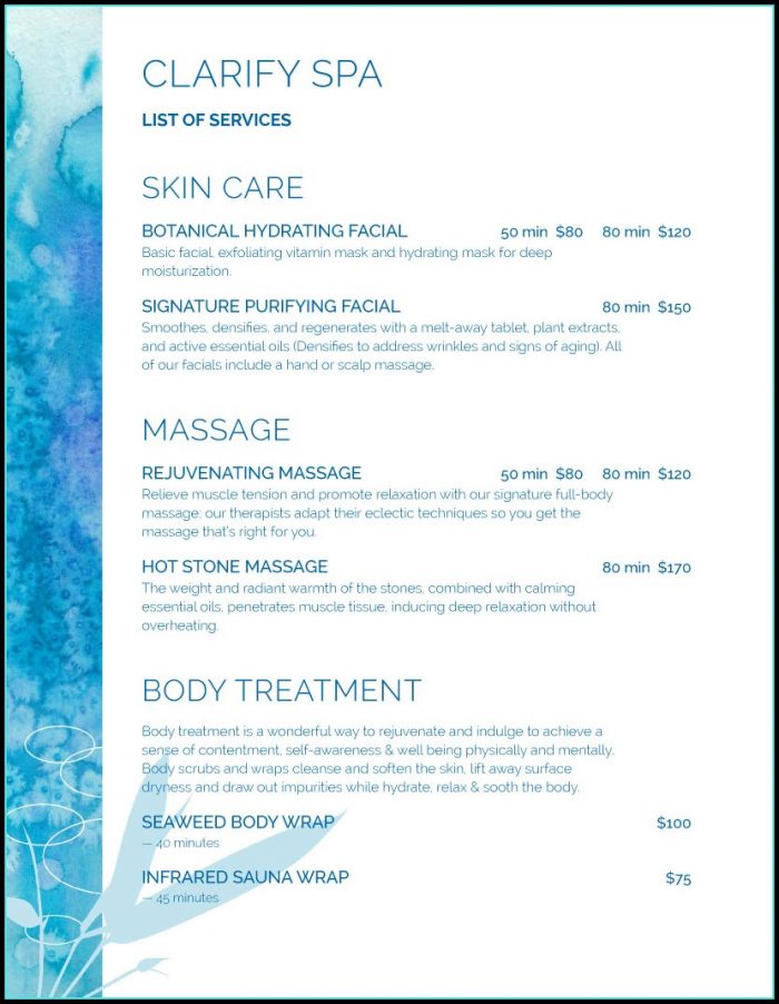 Spa Services Menu Templates Spa Services Menu Templates