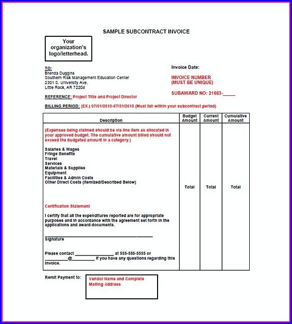Subcontractor Invoice Template Subcontractor Invoice Template
