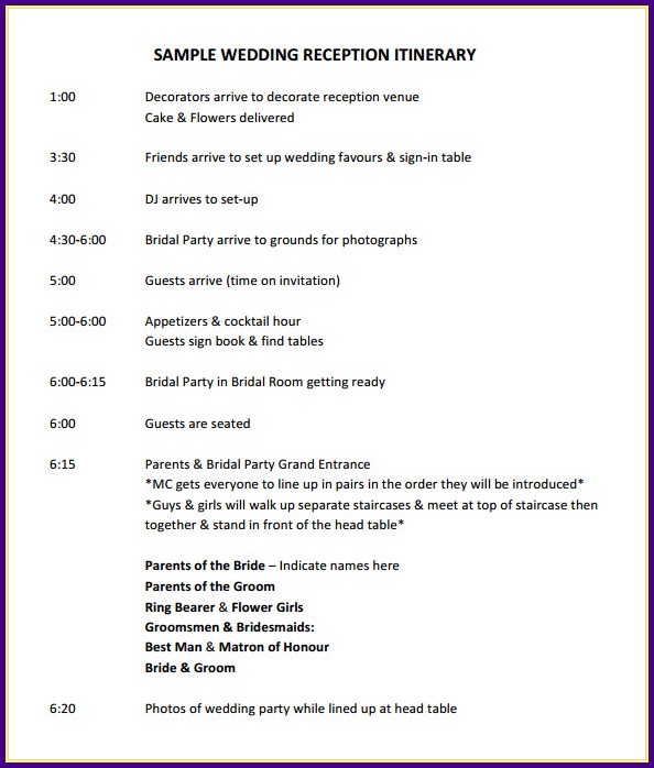 Wedding Reception Itinerary Template Free Wedding Reception Itinerary Template Free