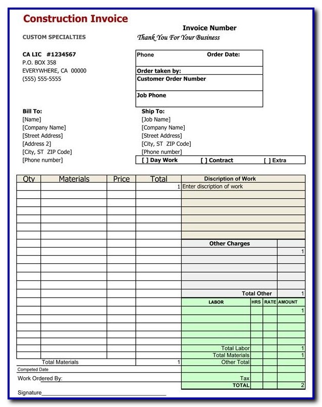 Free Printable Construction Invoice Template Free Printable Construction Invoice Template