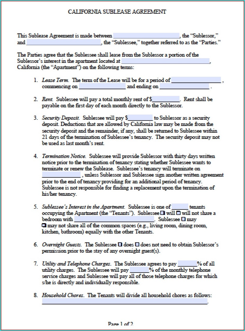 Sublease Agreement Template California Templates 1 Resume Examples Sublease Agreement Template California