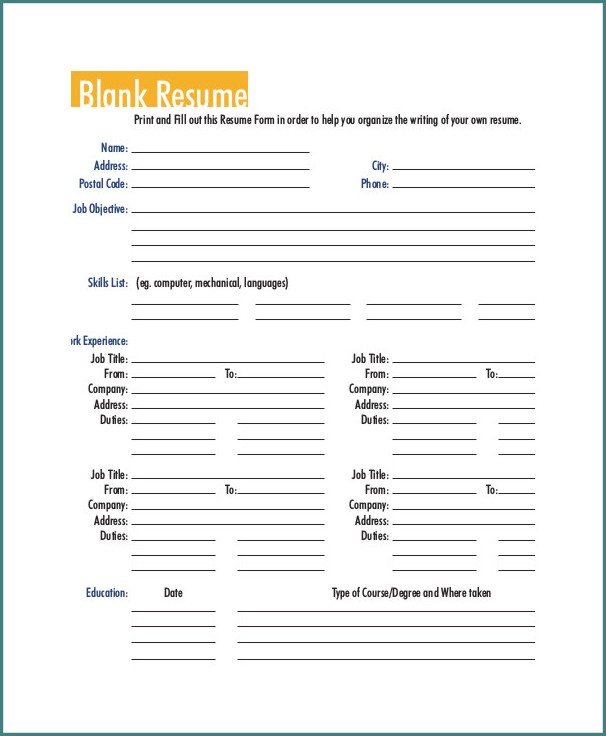 Blank Resume Template Printable Blank Resume Template Printable