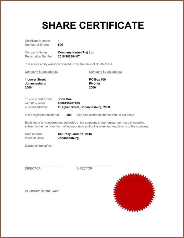 Company Share Certificate Template South Africa Company Share Certificate Template South Africa
