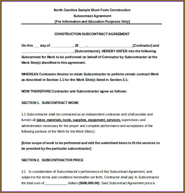 Construction Subcontractor Agreement Template Construction Subcontractor Agreement Template