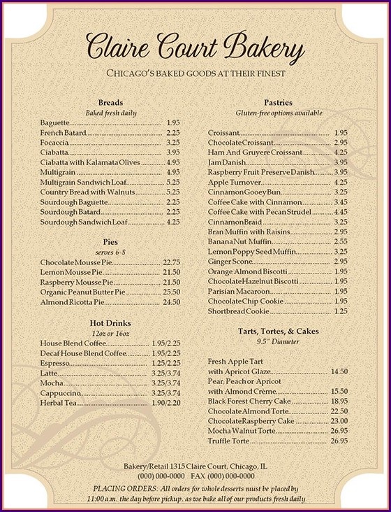 Bakery Menu Template Word Free Bakery Menu Template Word Free
