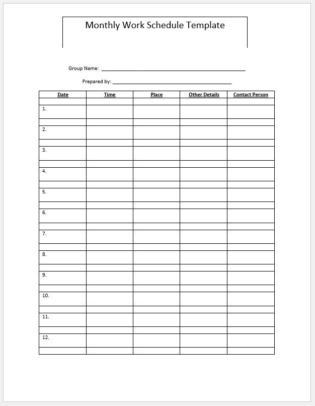 Blank Monthly Work Schedule Template Blank Monthly Work Schedule Template