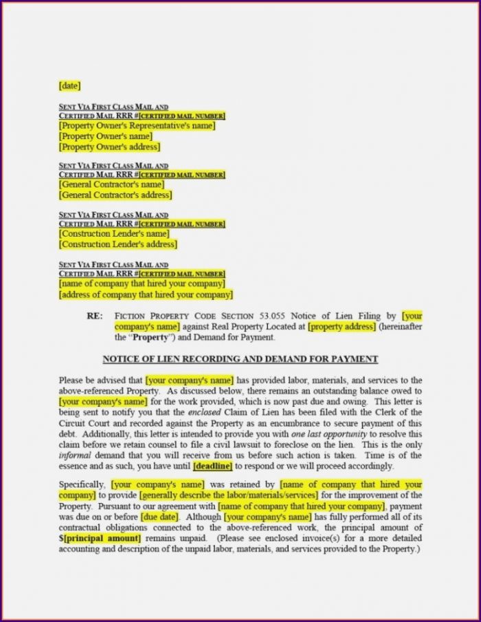 Mechanics Lien Intent To Lien Letter Template Texas Mechanics Lien Intent To Lien Letter Template Texas