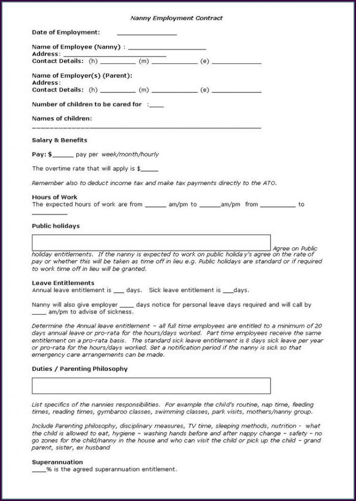 Agreement Nanny Contract Template Agreement Nanny Contract Template