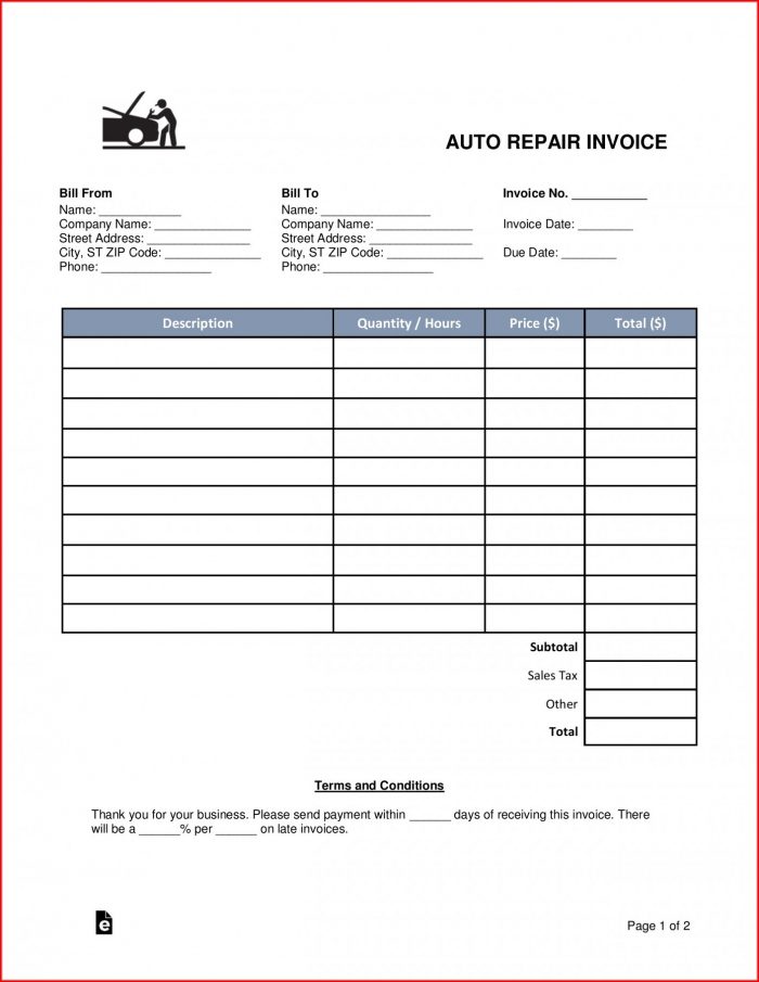 Auto Repair Invoice Template Word Auto Repair Invoice Template Word