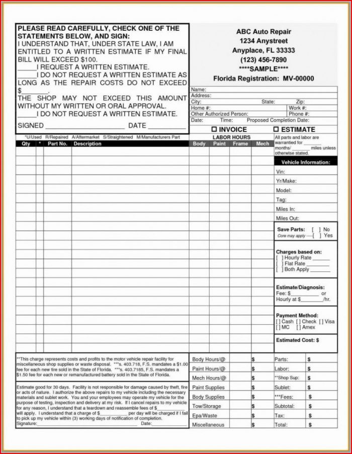 Auto Repair Receipt Template Auto Repair Receipt Template