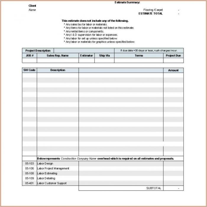 Builders Estimate Template Builders Estimate Template