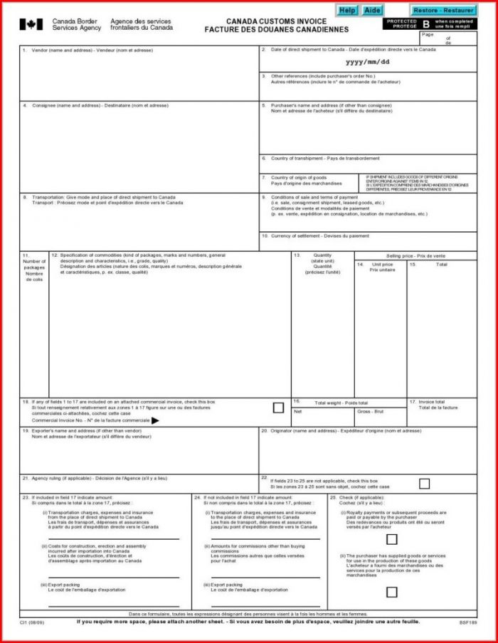 Commercial Invoice Template Canada Customs Commercial Invoice Template Canada Customs