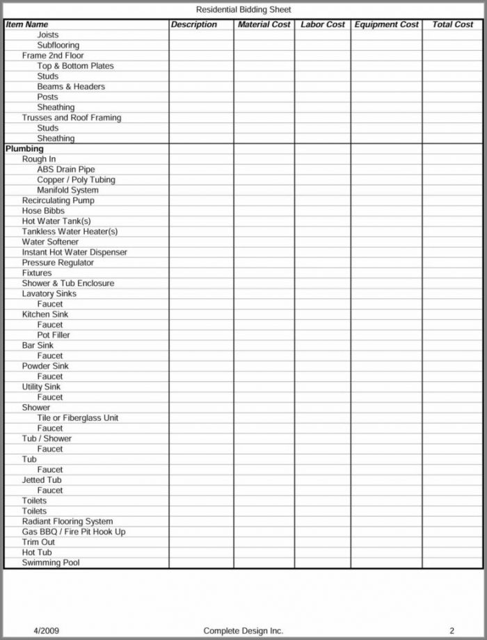 Construction Bid Sheet Template Construction Bid Sheet Template