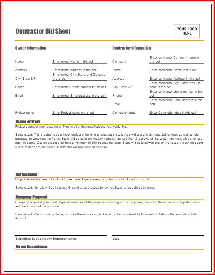 Contractor Bid Sheet Template Contractor Bid Sheet Template