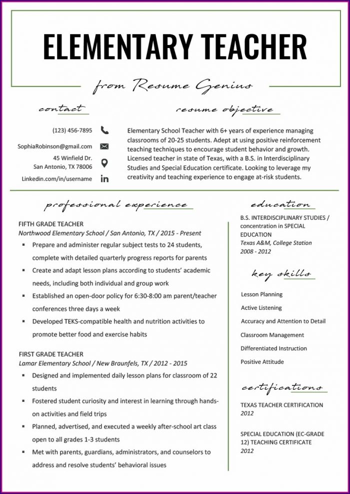 Elementary Teacher Resume Template Elementary Teacher Resume Template