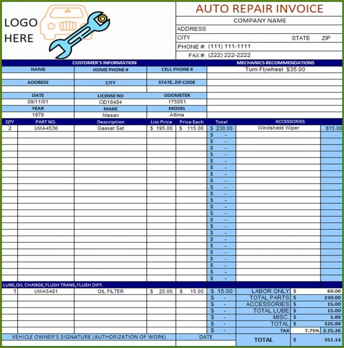 Excel Auto Repair Invoice Template Excel Auto Repair Invoice Template