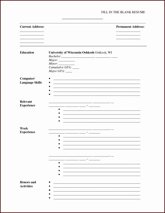 Free Printable Fill In The Blank Resume Templates Free Printable Fill In The Blank Resume Templates