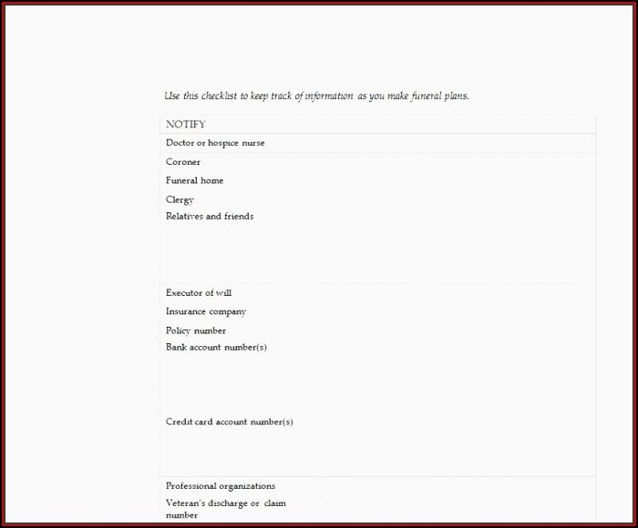 Funeral Planning Checklist Template Funeral Planning Checklist Template