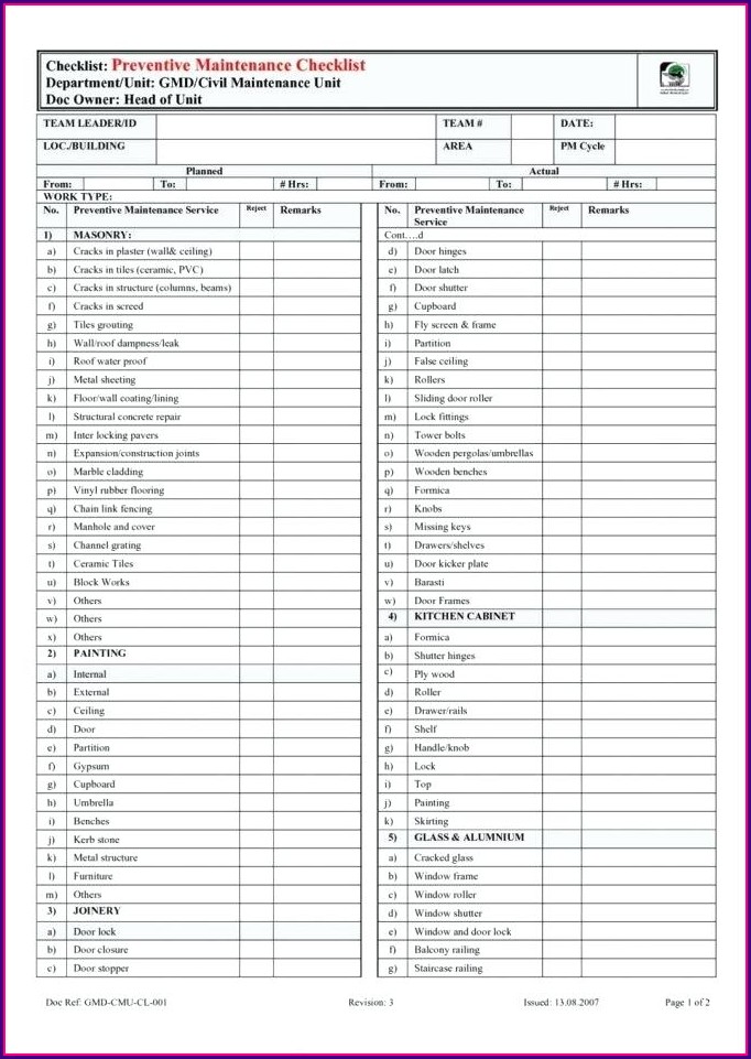 Hotel Preventive Maintenance Checklist Template Hotel Preventive Maintenance Checklist Template