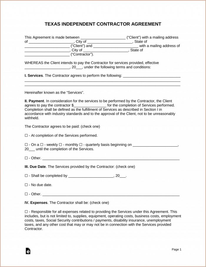 Independent Contractor Agreement Texas Template Independent Contractor Agreement Texas Template