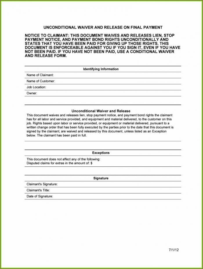 Payment Unconditional Lien Waiver Template Payment Unconditional Lien Waiver Template