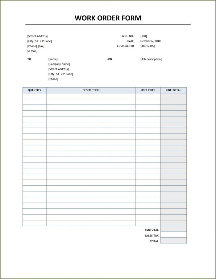 Printable Blank Work Order Template Printable Blank Work Order Template