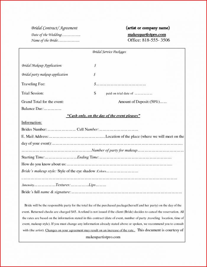 Printable Bridal Hair Contract Template Printable Bridal Hair Contract Template