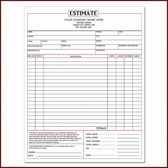 Printable Car Repair Estimate Template Printable Car Repair Estimate Template