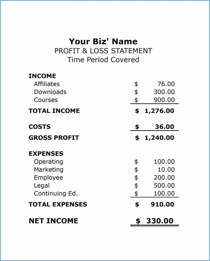 Profit And Loss Statement For Self Employed Template Profit And Loss Statement For Self Employed Template