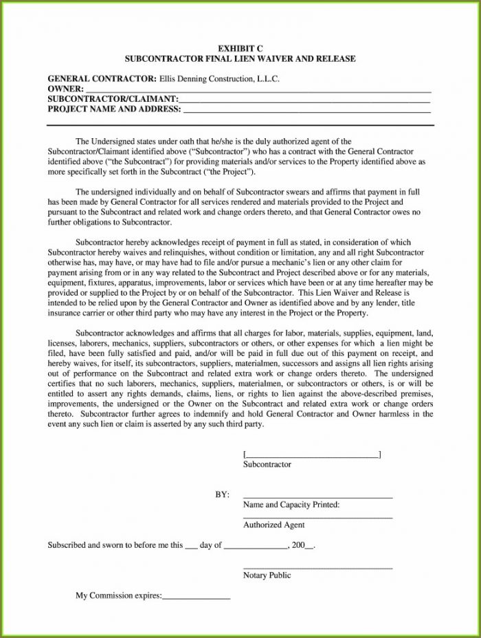 Subcontractor Unconditional Lien Waiver Template Subcontractor Unconditional Lien Waiver Template