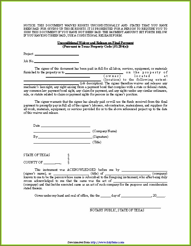 Unconditional Lien Waiver Template Texas Unconditional Lien Waiver Template Texas