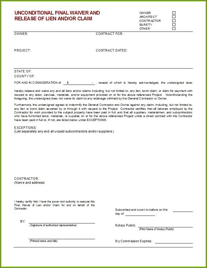 Unconditional Lien Waiver Template Unconditional Lien Waiver Template