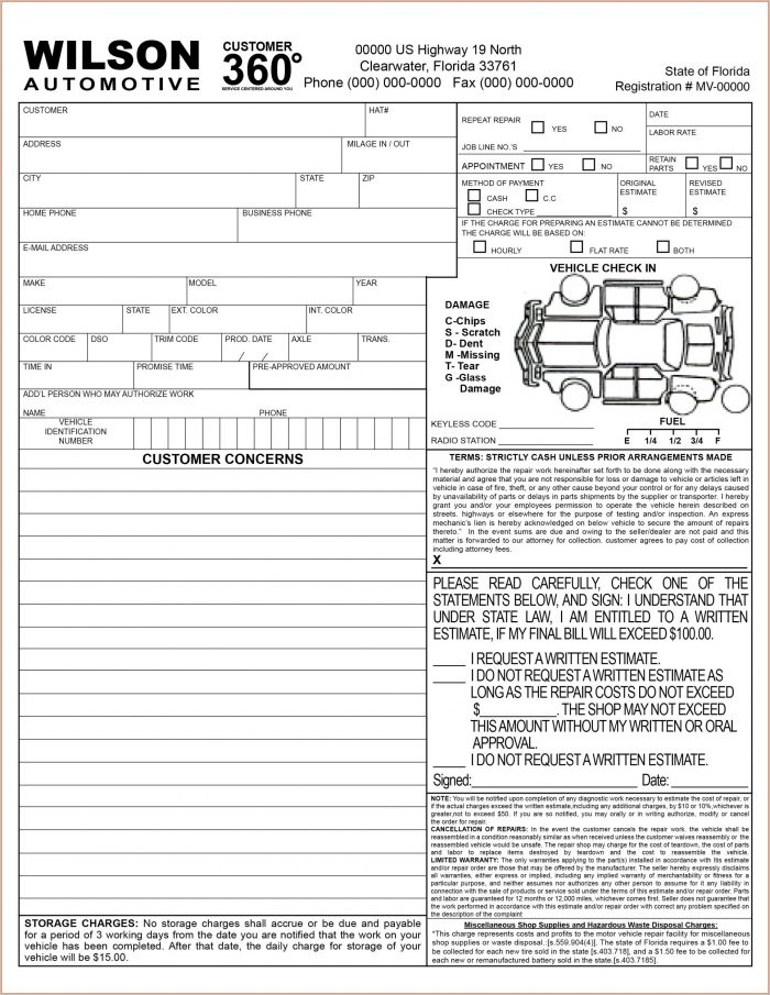 Vehicle Repair Work Order Template Vehicle Repair Work Order Template