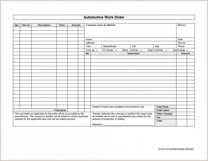 Vehicle Work Order Template Vehicle Work Order Template